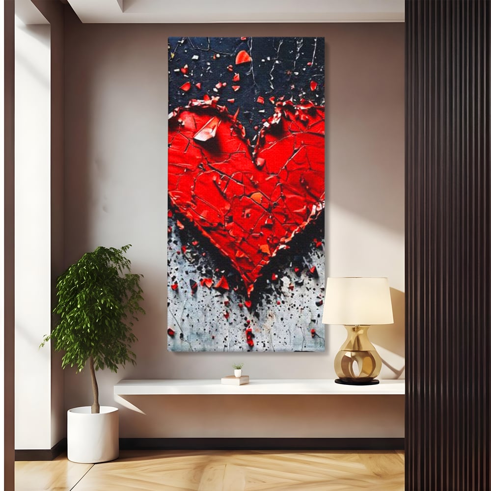 Tablou canvas cu tablou canvas cu o inima rosie crapata, fara rama, pe sasiu de lemn